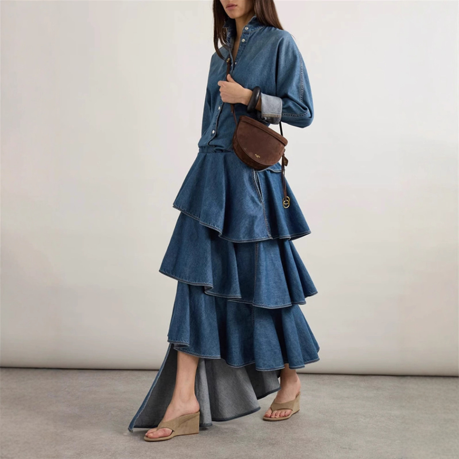 Trendy Denim Two-Piece Set With Asymmetrical Ruffled Skirt - Image 6