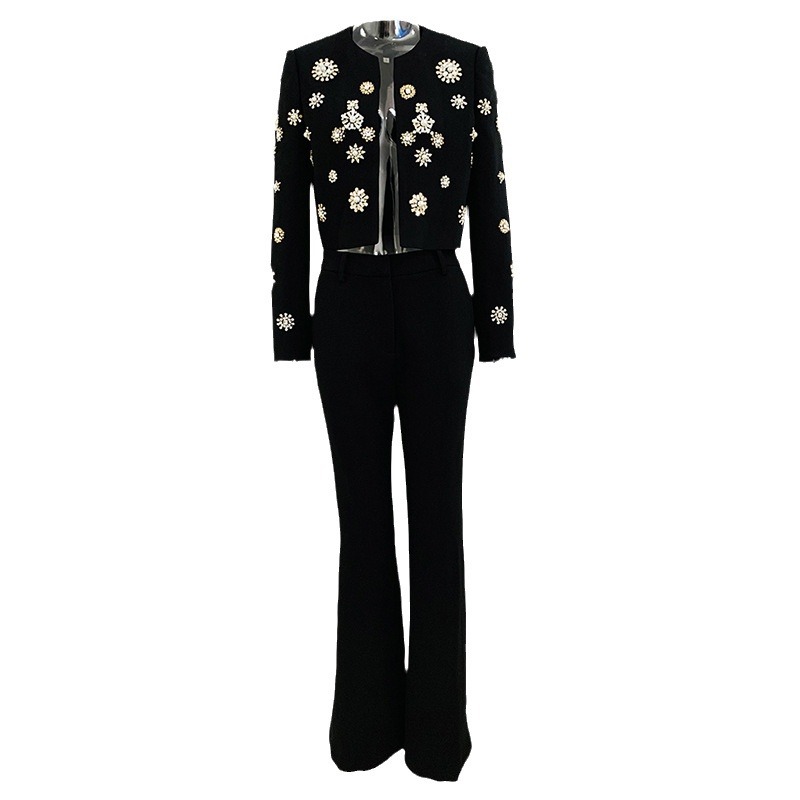 Trendy Casual Beaded Jacket And Flared Pants Set - Image 5