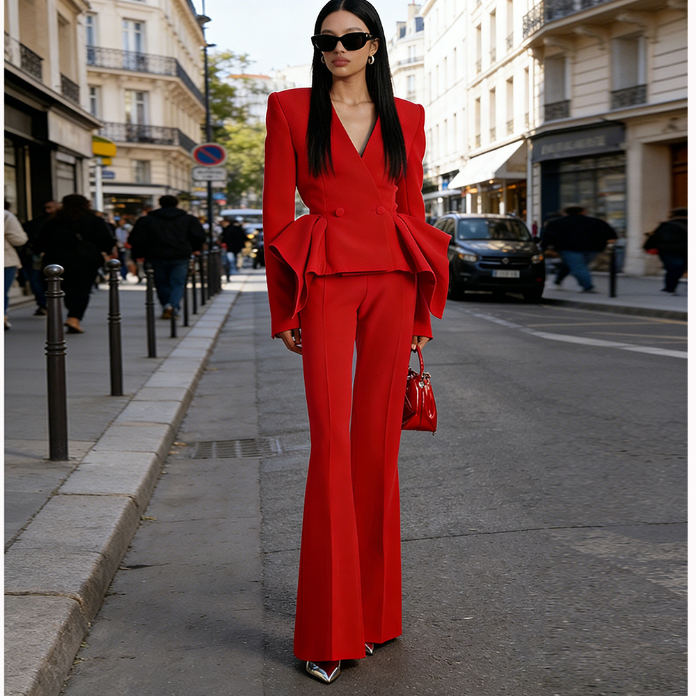 Stylish Ruffled Top Jacket And Flared Pants Set