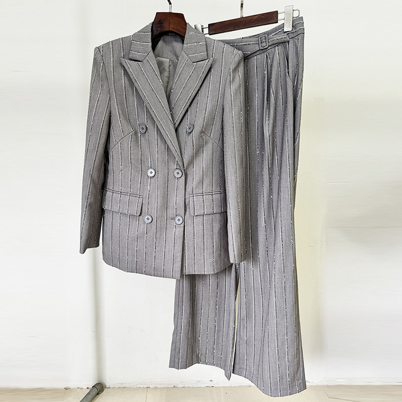 Gray Double-Breasted Blazer Pantsuit Set - Image 2