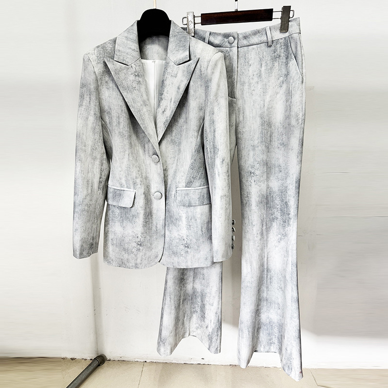 Abstract Print Cotton Blazer And Trousers Set Stylish Casual Outfit - Image 7