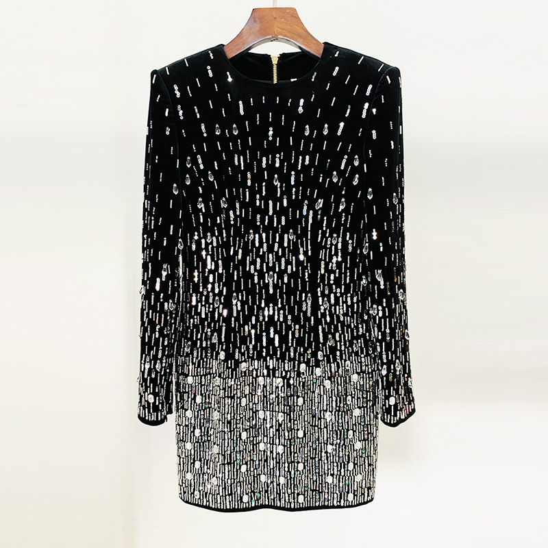 Elegant Black Velvet Sequin Long Sleeve Dress - Image 6