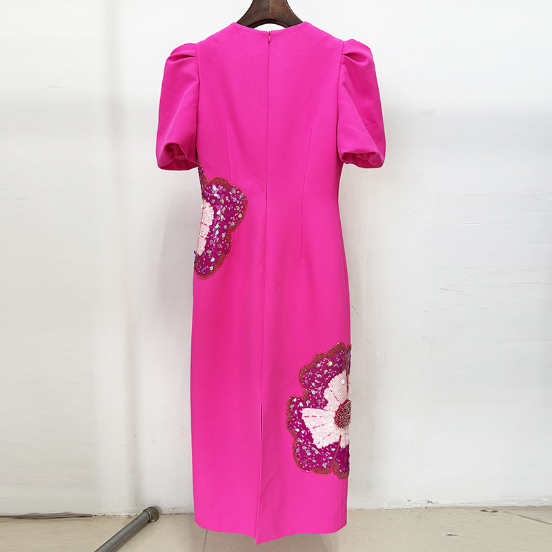 Trendy Beaded Flower Short Sleeve Dress - Image 4