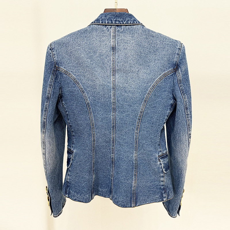 Trendy Tailored Double-Breasted Denim Blazer - Image 2