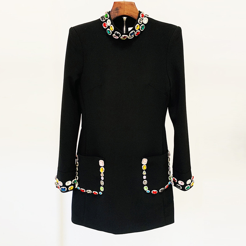 Fashionable Long Sleeve Beaded Dress With Colorful Gems - Image 6
