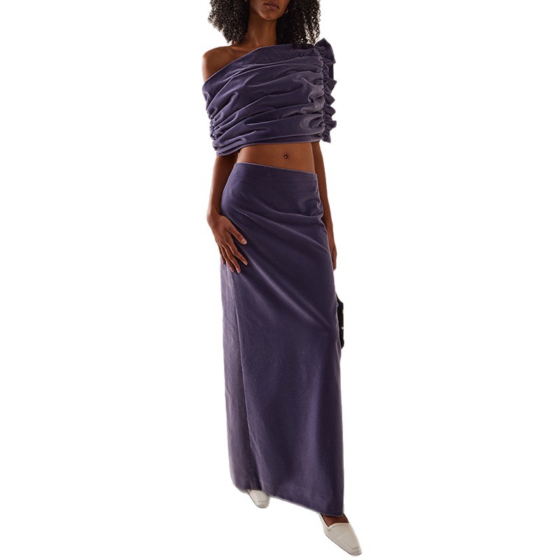 Trendy French Style Velvet Two-Piece Set With Asymmetrical Top And Skirt - Image 5