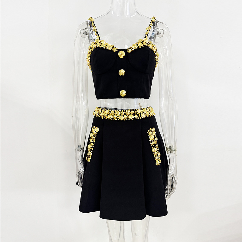Fashionable Gold Button Decorated Cami Top And Maxi Skirt Set - Image 6