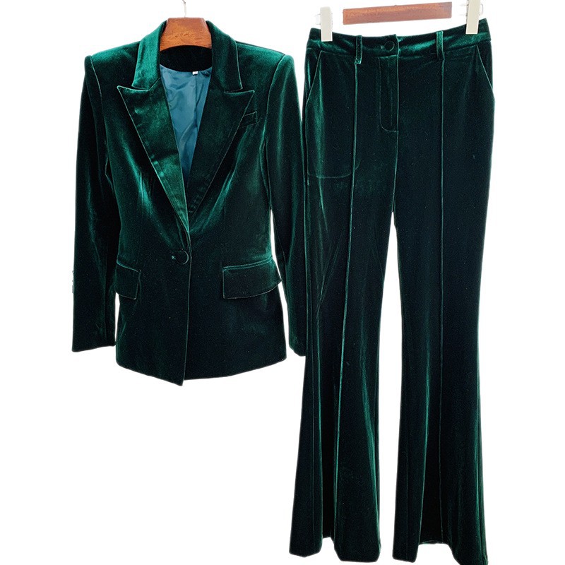 Elegant Velvet Suit Jacket And Fitted Flare Pants Set - Image 5