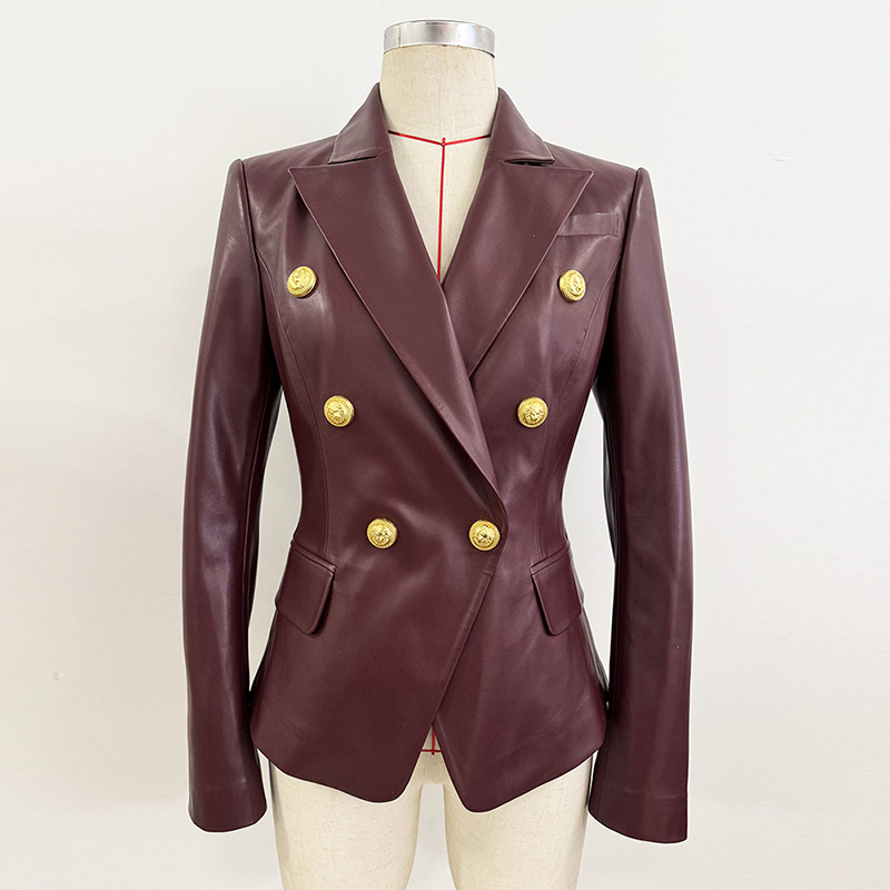 Burgundy Pu Leather Blazer Elegant Chic Jacket - Image 4