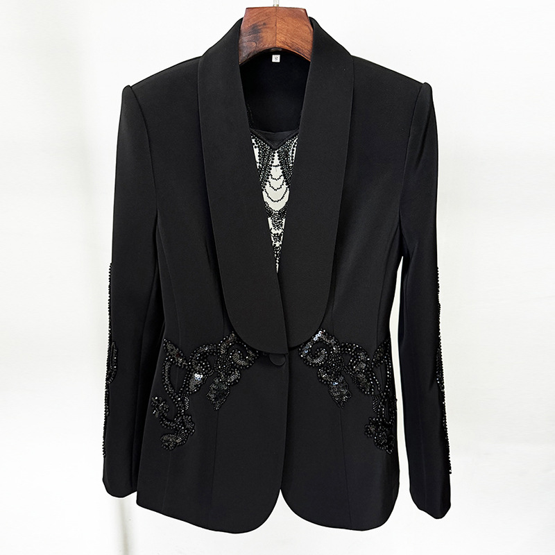 Fashionable Sheer Overlay Embellished Blazer & Chiffon Trousers Set - Image 2