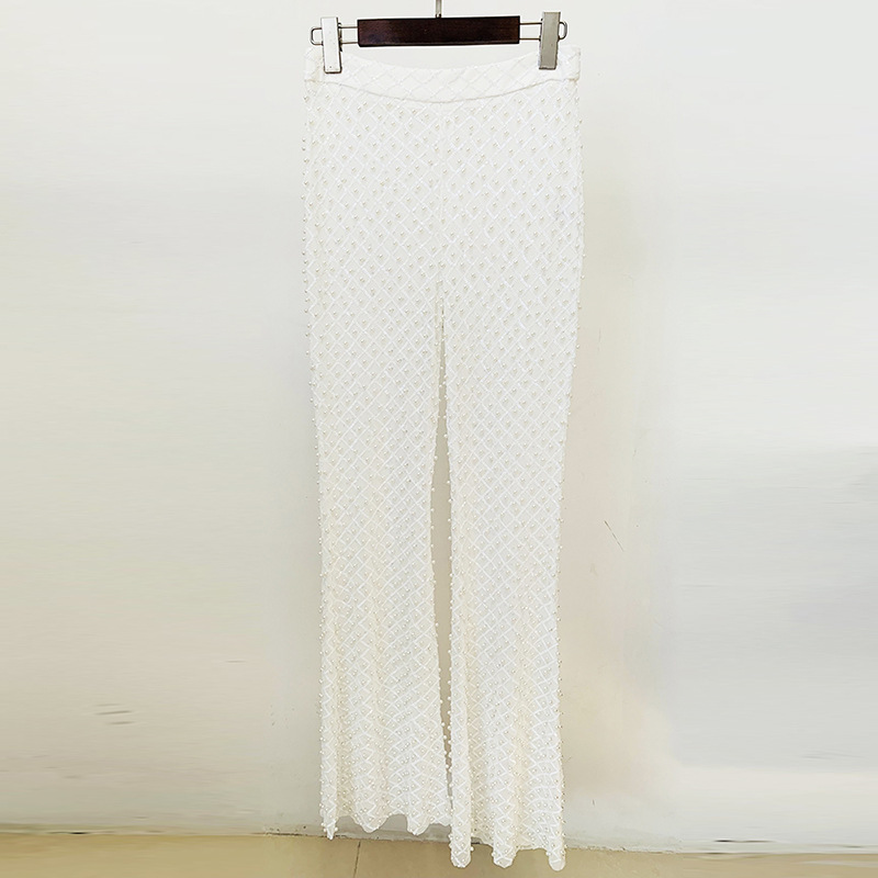 Trendy Hollow Floral Beaded Blazer Pants Set - Image 4