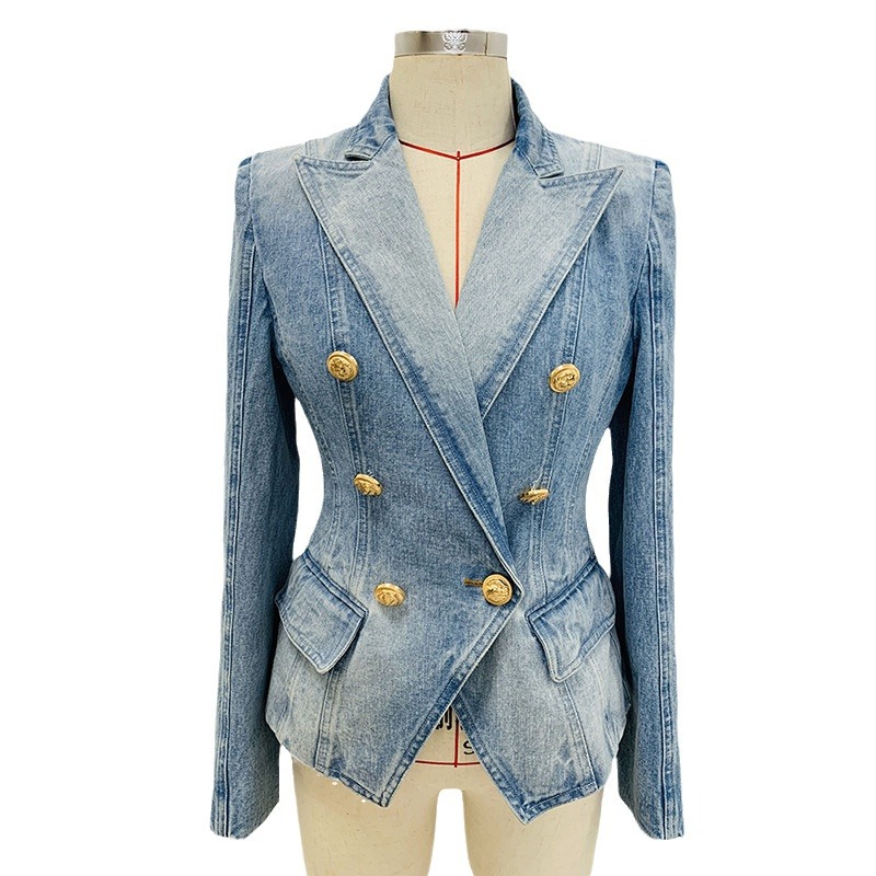 Trendy Double-Breasted Denim Blazer With Lion Button - Image 5