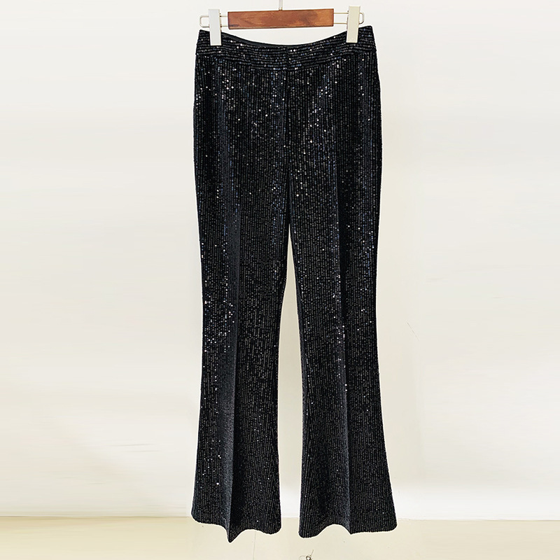 Fashionable Velvet Sequin Double-Breasted Blazer And Flared Pants Set - Image 7