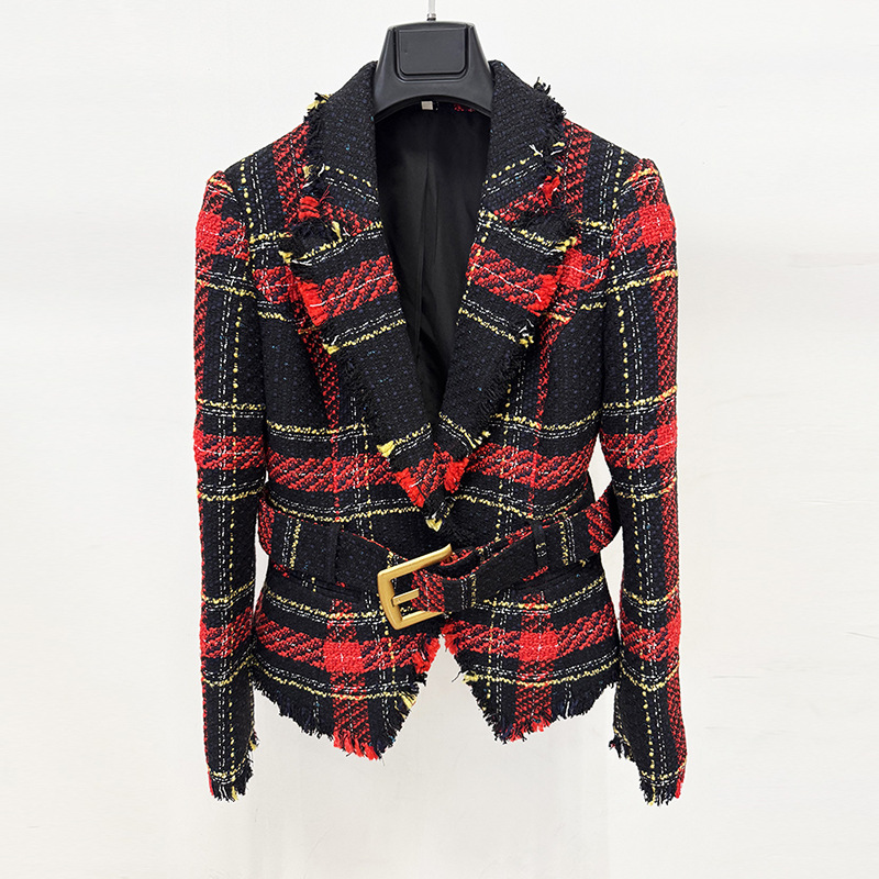 Trendy Checkered Tweed Blazer With Waist Tie - Image 3
