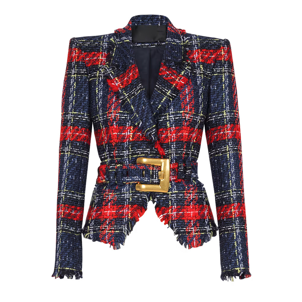 Trendy Checkered Tweed Blazer With Waist Tie