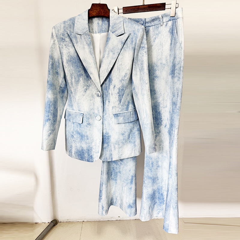 Abstract Print Cotton Blazer And Trousers Set Stylish Casual Outfit - Image 6