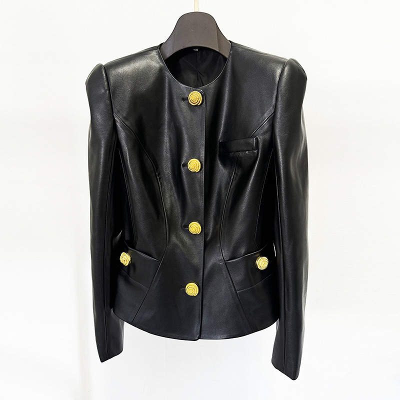 Fashionable Slim Fit Black Pu Leather Jacket With Snail Metal Buttons - Image 2