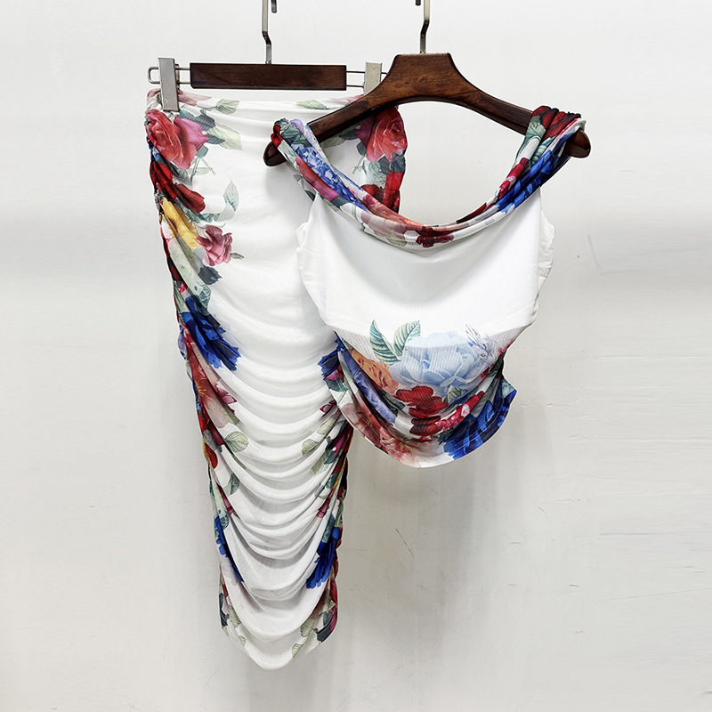 Fashionable One-Shoulder Mesh Printed Top And Elastic Midi Skirt Set - Image 2
