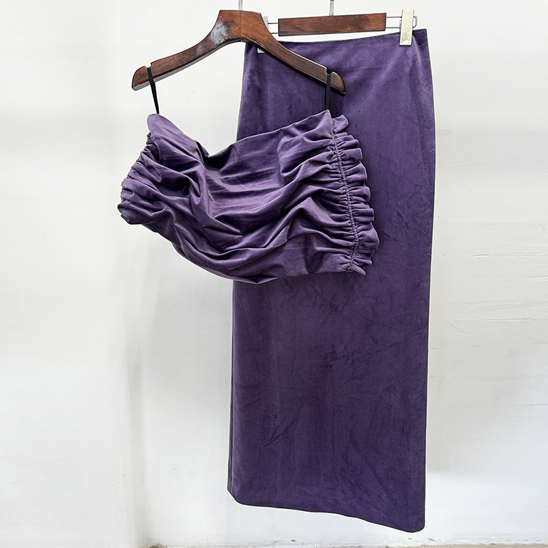 Trendy French Style Velvet Two-Piece Set With Asymmetrical Top And Skirt - Image 2