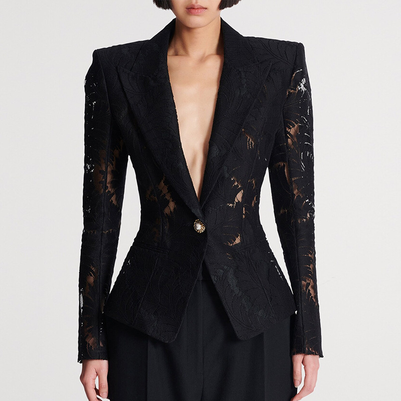 Fashionable Slim Fit Embroidered Mesh Blazer Jacket - Image 5