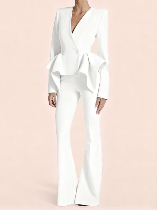 Ruffled Design Slim Fit Jacket And Palazzo Pants Set