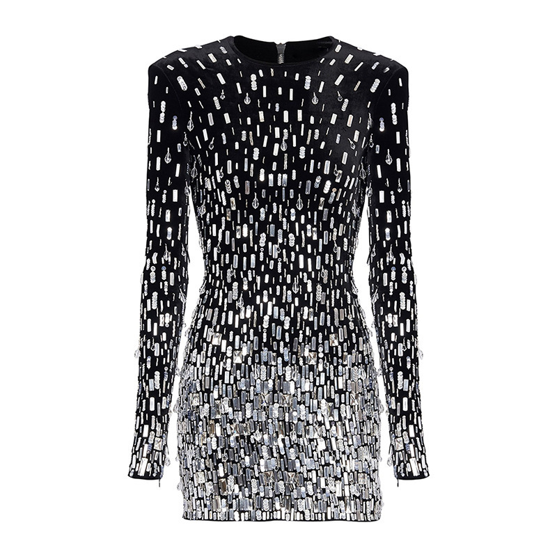 Elegant Black Velvet Sequin Long Sleeve Dress - Image 5