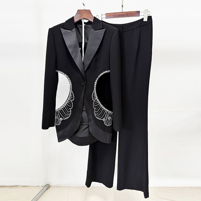 Trendy Hollow Out Rhinestone Blazer Suit Set - Image 6