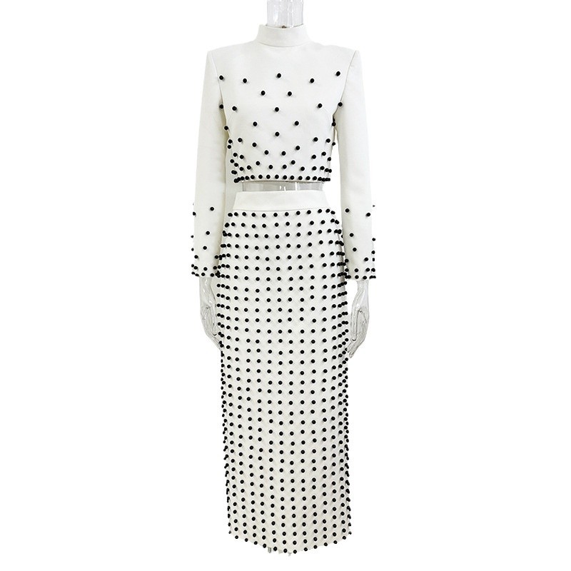 Trendy Pearl Beaded Short Sleeve Top & Long Skirt Set - Image 5