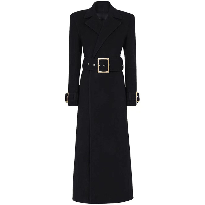 Trendy Black Long Woolen Coat With Belt - Image 2