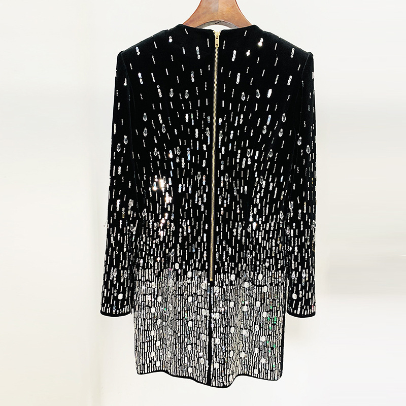 Elegant Black Velvet Sequin Long Sleeve Dress - Image 3