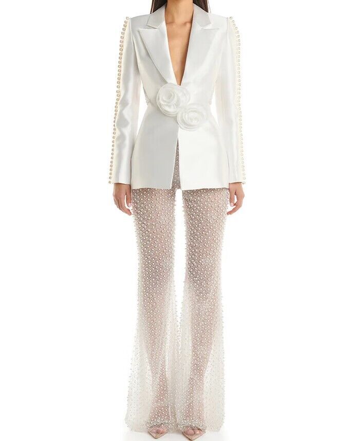 Hollowed Pearl Embellished Floral Blazer And Pants Set - Image 6