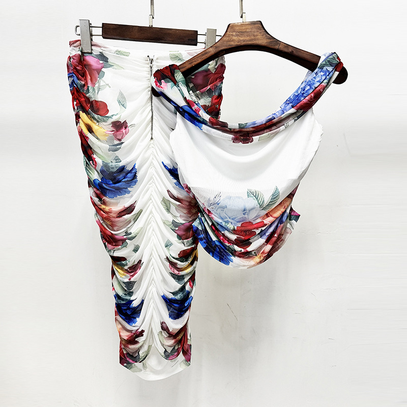 Fashionable One-Shoulder Mesh Printed Top And Elastic Midi Skirt Set - Image 3