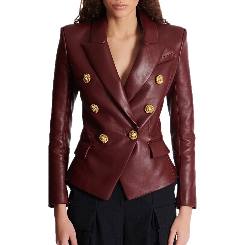 Burgundy Pu Leather Blazer Elegant Chic Jacket - Image 5