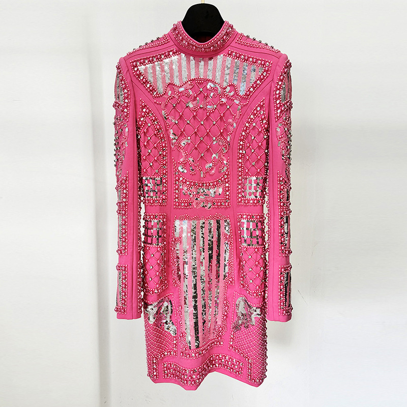 Elegant Sequin Bodycon Dress With Stand Collar - Image 2
