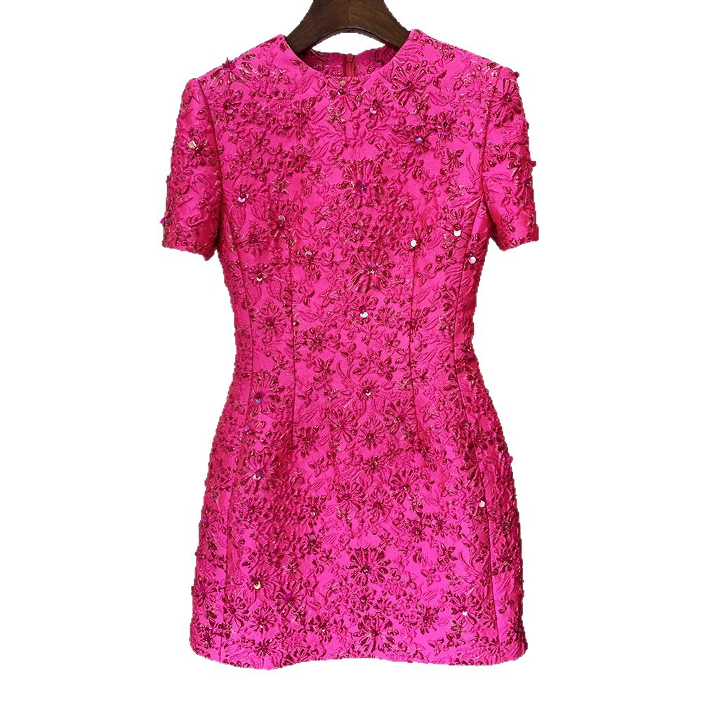 Fashionable Rose Pink Embroidered Short Sleeve Dress - Image 5