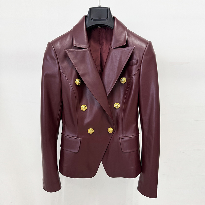 Burgundy Pu Leather Blazer Elegant Chic Jacket - Image 6