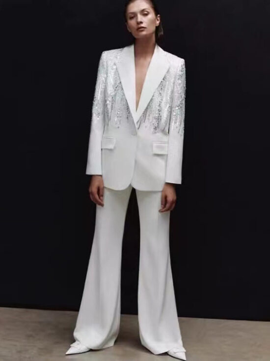 Beaded Sequin Suit Set Long Pants Elegant Street Style