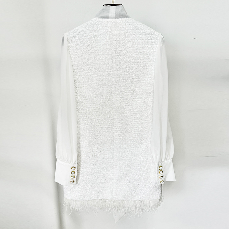 Chic Feather Hem Chiffon Dress With Boucle Paneling - Image 2