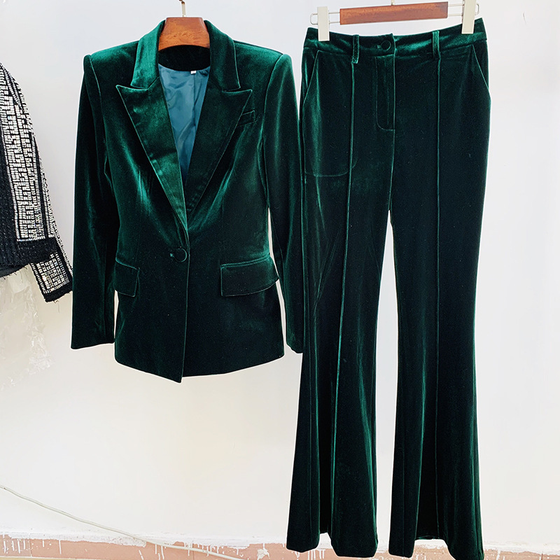 Elegant Velvet Suit Jacket And Fitted Flare Pants Set - Image 8