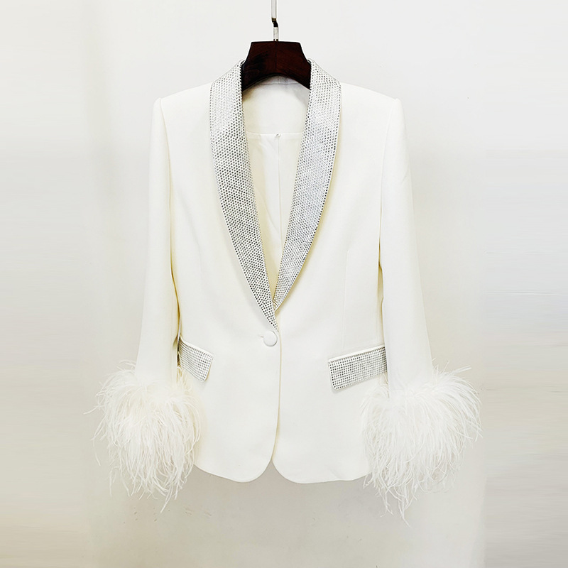Luxury Ostrich Feather Trimmed Blazer With Rhinestones - Image 7
