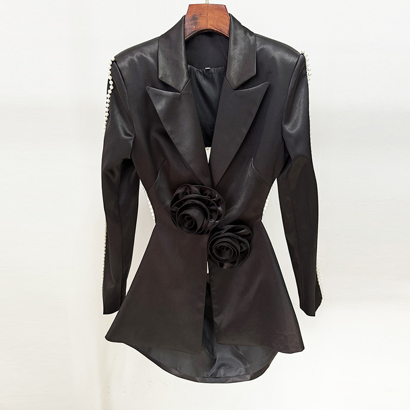 Hollowed Pearl Embellished Floral Blazer And Pants Set - Image 2