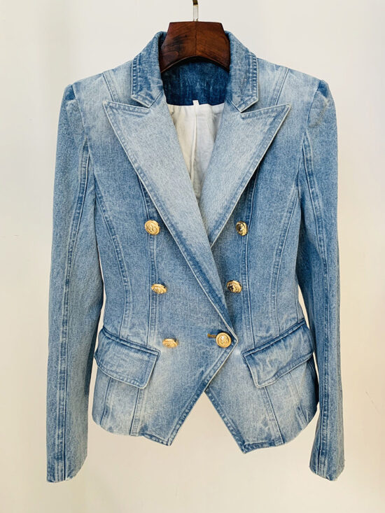 Trendy Double-Breasted Denim Blazer With Lion Button