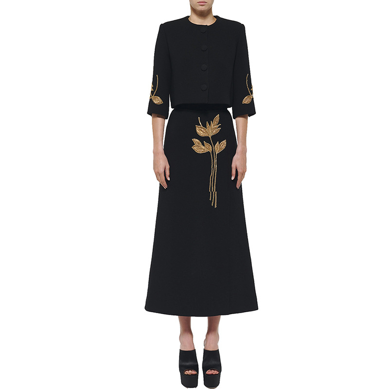 Floral Embellished Jacket & Skirt Set Elegant Streetwear
