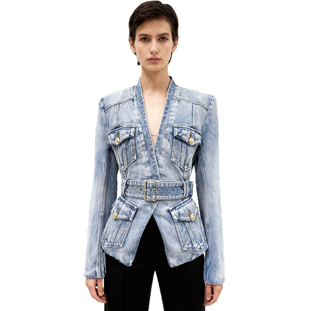 Trendy Slim-Fit Denim Blazer With Belt - Image 5