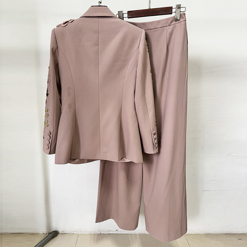 Fashionable Beaded Floral Jacket And Wide-Leg Pant Set - Image 3