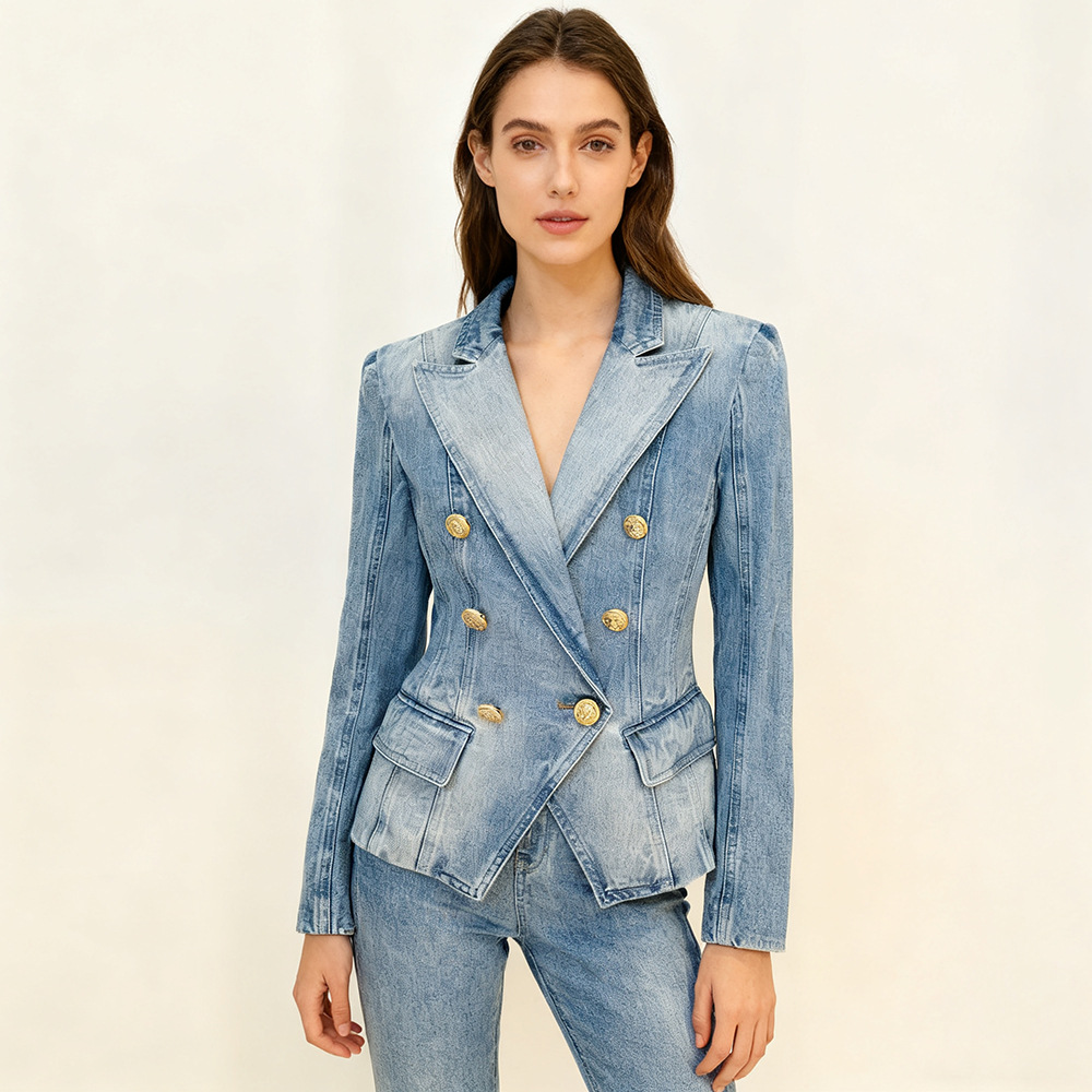 Trendy Double-Breasted Denim Blazer With Lion Button - Image 4