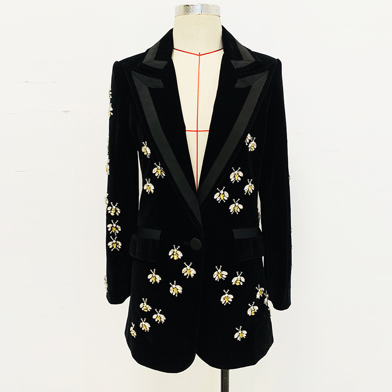 Stylish Fitted Bee Embellished Velvet Blazer - Image 3