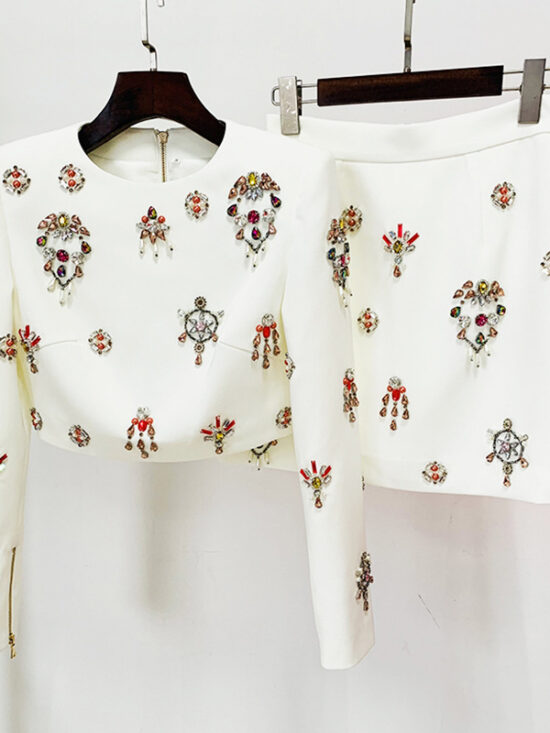 Beaded Jewel Embellished Short Jacket And Skirt Set