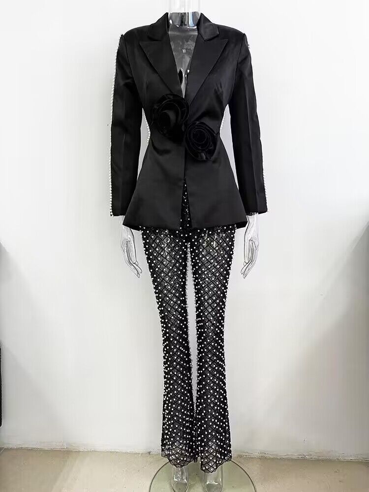 Hollowed Pearl Embellished Floral Blazer And Pants Set - Image 7