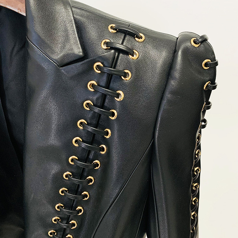 Stylish Black Pu Leather Blazer With Tie Waist - Image 4